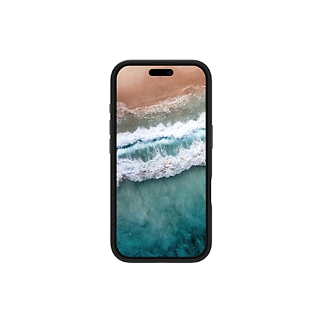 Un smartphone noir avec un écran affichant une vue sur la plage. L'écran montre la transition du sable brun à l'eau turquoise avec des vagues blanches.