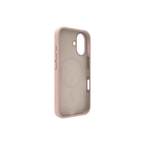 Coque de téléphone rose clair sur fond blanc. Boutons, ouverture pour appareil photo et un symbole de recyclage sont visibles.