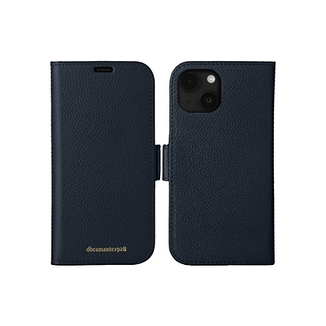Dunkelblaue Handyhülle mit Klappfunktion. Auf der linken Seite steht „dramante1928“ in Gold. Die Kamera befindet sich auf der rechten Seite.
