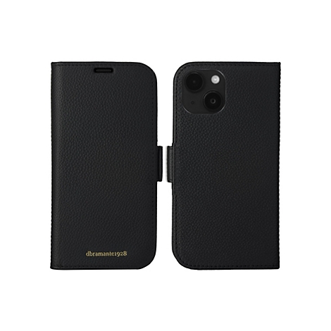 Schwarze Handyhülle mit Klappfunktion, offene Ansicht, zeigt Innenseite und Rückseite. Goldener Schriftzug: dbramante1928.