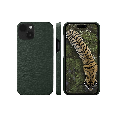 Dunkelgrünes Handycase, drei Ansichten. Das Display zeigt einen Tiger auf grünem Moos. Die Hülle hat eine strukturierte Oberfläche.