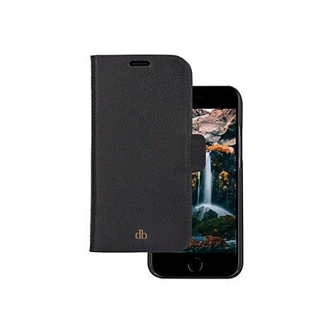 Schwarzes Handy Case mit Handy. Auf dem Display ein Wasserfall. Case mit Logo "db".