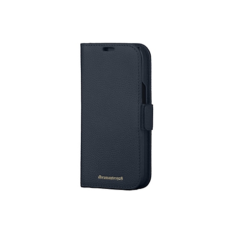 Dunkelblaues Leder-Handycase. Mit Klappe und Verschluss.