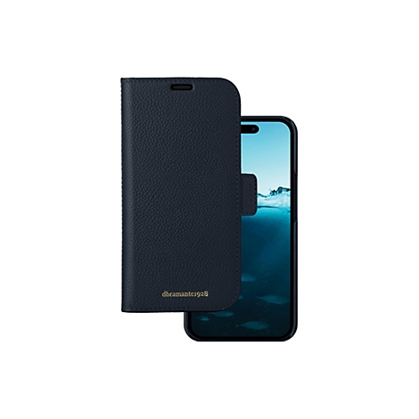 Blaues Handy-Case mit Klappdeckel, offenes Handy mit Wasserhintergrund. Der Case hat eine lederartige Textur und Goldprägung.