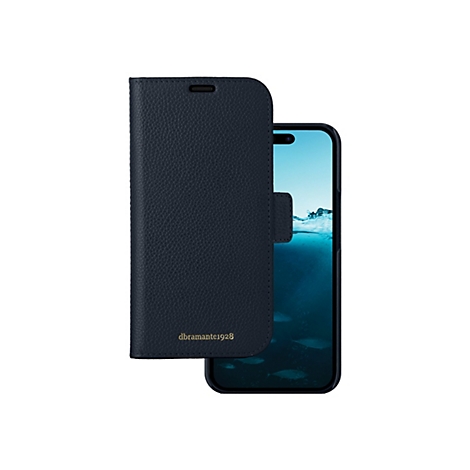 Dunkelblaue Leder-Handyhülle mit Smartphone; Auf der Hülle ist der Schriftzug "dbramante1928" zu sehen.