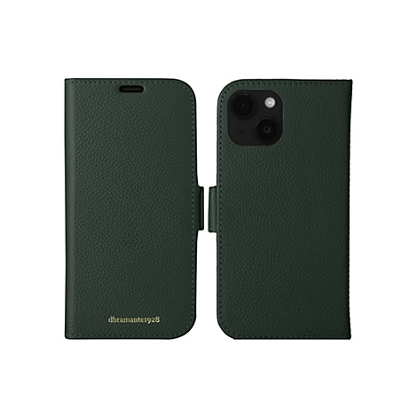 Dunkelgrüne, aufgeschlagene Handyhülle. Auf der linken Seite steht "dbramante1928".