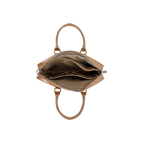 Hellbraune Ledertasche, von oben geöffnet, mit Griffen. Innenfutter mit Karomuster, mehrere Fächer.