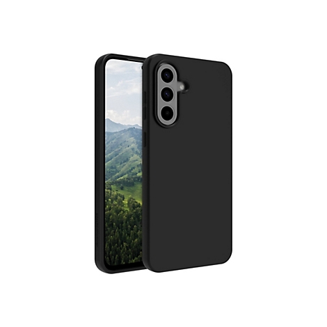 Smartphone noir avec coque de protection. L'écran affiche un paysage. Un logo est visible sur la coque de protection.