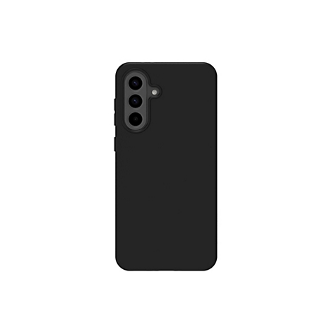 Schwarzes Smartphone mit Schutzhülle, Rückansicht. Drei Kameraobjektive vertikal angeordnet, daneben ein Blitz.