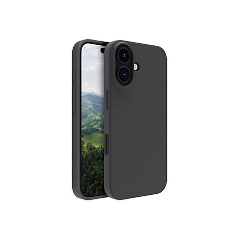 Ein graues Smartphone mit schwarzer Hülle, im Hintergrund eine Berglandschaft.
