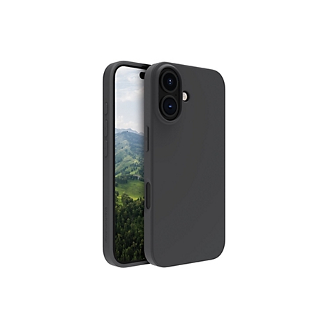 Dunkelgraue Handyhülle und Smartphone, Display mit Landschaft, Kameramodule erkennbar.