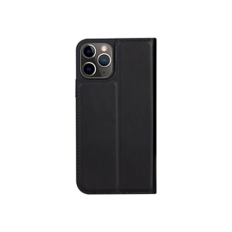 Schwarze Leder-Handyhülle für ein Smartphone mit drei Objektiven, geschlossen.