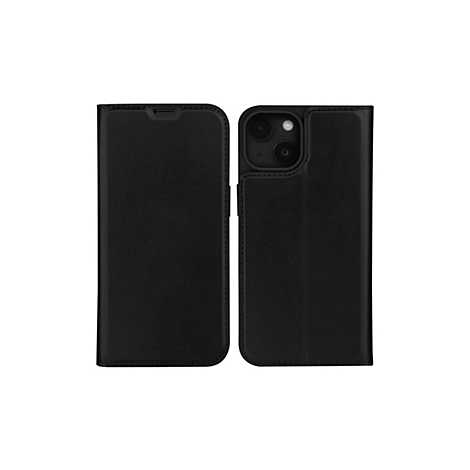 Schwarze Handyhülle, geöffnet, mit freiliegendem Telefon, auf weißem Hintergrund.