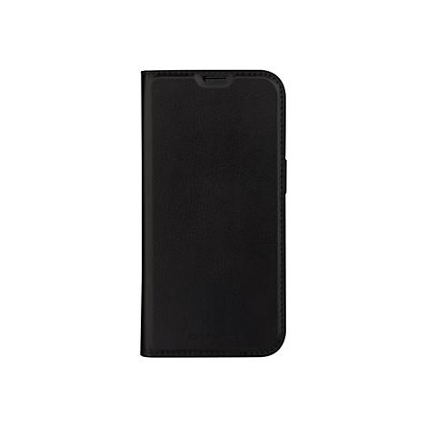 Coque de téléphone noire avec texture cuir. L'étui est fermé, avec une découpe pour l'écouteur et un logo.