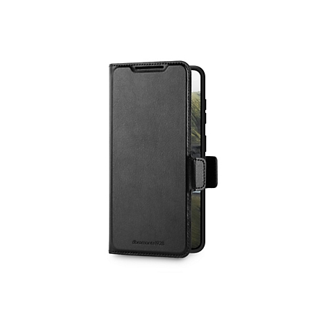 Schwarze Handyhülle aus Leder mit einem darin befindlichen Smartphone. Die Hülle hat eine Klappfunktion und einen Magnetverschluss.