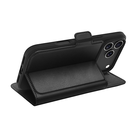 Schwarze Handyhülle mit Klappfunktion. Das Handy ist in der Hülle, die geöffnet gezeigt wird.