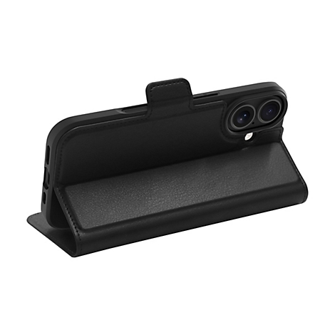 Schwarze Handyhülle mit Klappfunktion; das Handy ist in der Hülle eingelegt.