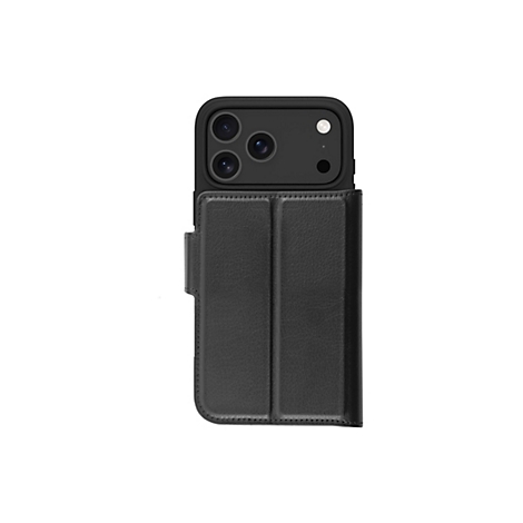 Schwarzes iPhone-Wallet-Case, das das Telefon mit einer Lederoberfläche schützt. Die Kamera ist sichtbar.