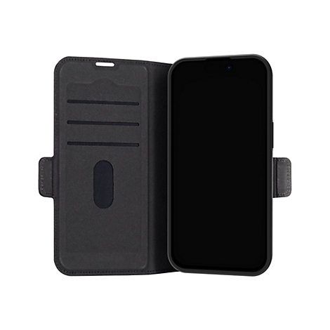 Schwarze Handyhülle, geöffnet, Handy links, Innenfächer, weißer Hintergrund.