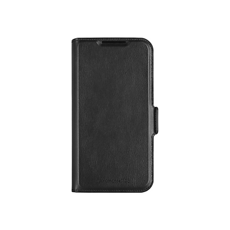 Schwarze Leder-Handyhülle mit Klappdeckel. Auf dem Cover ist „dbrandmante1928“ eingeprägt.