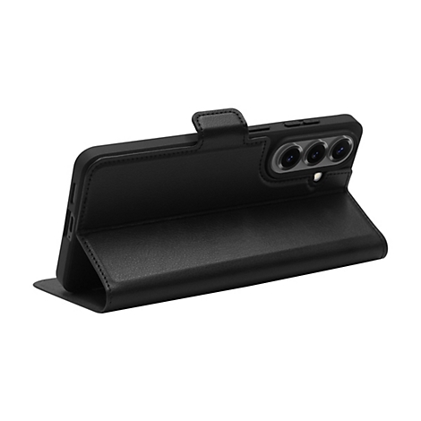 Coque de téléphone noire avec fonction pliante, vue de face ouverte. Trois objectifs de caméra sont visibles. La fermeture de l'étui est visible.