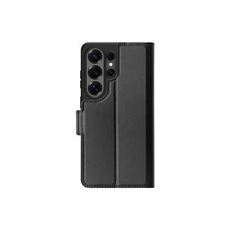 Coque de téléphone à rabat noire ; l'étui est en similicuir et possède une fermeture magnétique.