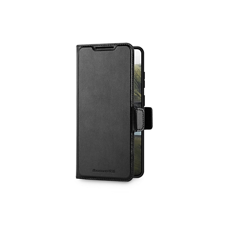 Étui de téléphone en cuir noir avec un téléphone à l'intérieur affichant un paysage.