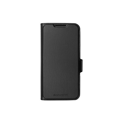 Étui de téléphone en cuir noir fermé. Le bas dit "dramante1928".