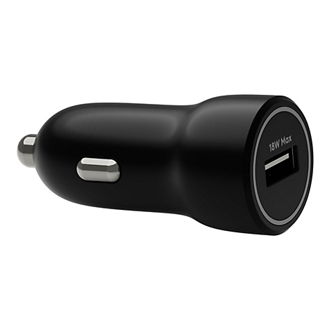 Schwarzes Autoladegerät mit USB-Anschluss, Aufschrift '18W Max'.