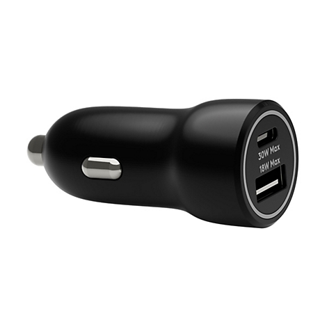 Schwarzes Kfz-Ladegerät mit USB-Anschlüssen. Aufschrift: 30W Max und 18W Max.