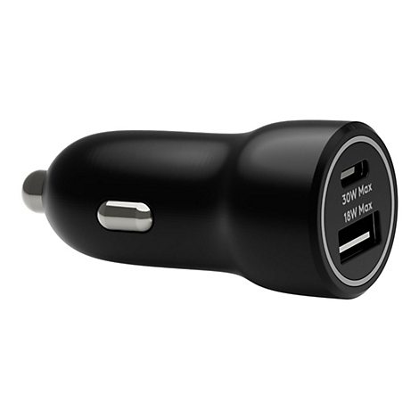 Schwarzer USB-Autoladegerät, 30W Max und 18W Max gekennzeichnet. Auf weißem Hintergrund.