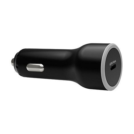 Ein schwarzes 65W-Autoladegerät vor weißem Hintergrund. Es hat eine glatte Oberfläche, einen USB-C-Anschluss und eine silberne Umrandung.