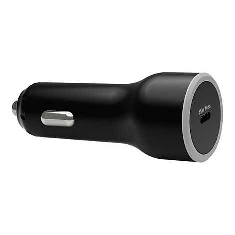 Schwarzes Ladegerät für den Zigarettenanzünder im Auto, 65W Max. USB-C-Anschluss.