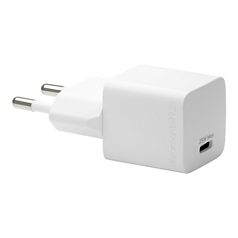 Weißes Ladegerät mit Netzstecker und USB-Anschluss, beschriftet mit "dbrante1928" und "25W Max".