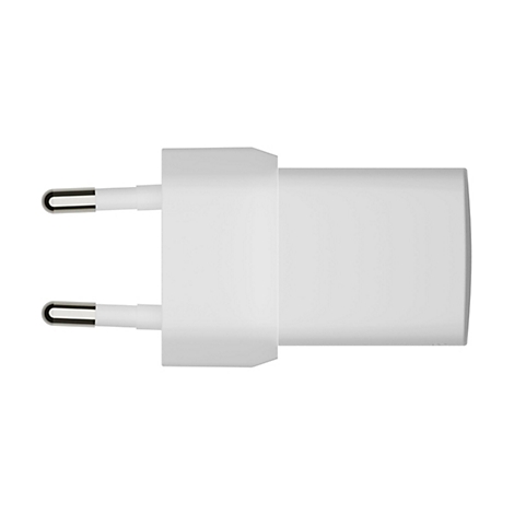 Ein weißes EU-Netzteil im Draufsicht. Es hat zwei runde Pins und einen rechteckigen Körper.