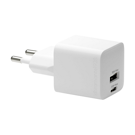 Weißes USB-Ladegerät mit EU-Stecker. Aufschrift: 18W Max, 30W Max.