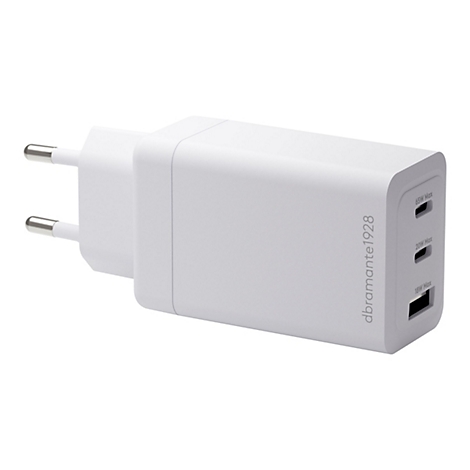 Chargeur blanc avec trois ports USB. Inscription : dbramante1928, 65W Max, 20W Max, 18W Max.