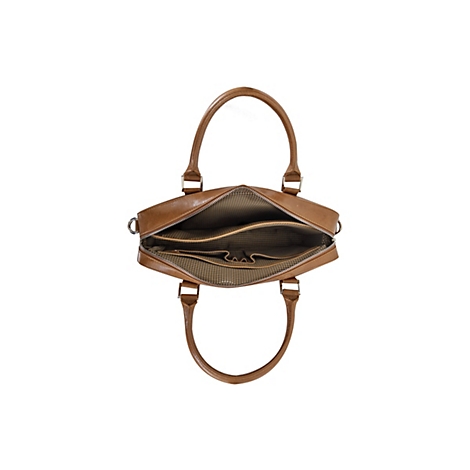 Hellbraune Ledertasche, von oben geöffnet, mit zwei Tragegriffen, Reißverschluss und Innenfutter mit Karomuster.