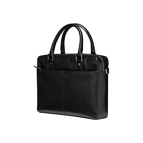 Schwarze Ledertasche mit Tragegriffen und Reißverschluss, Markenlogo. Steht vor weißem Hintergrund.