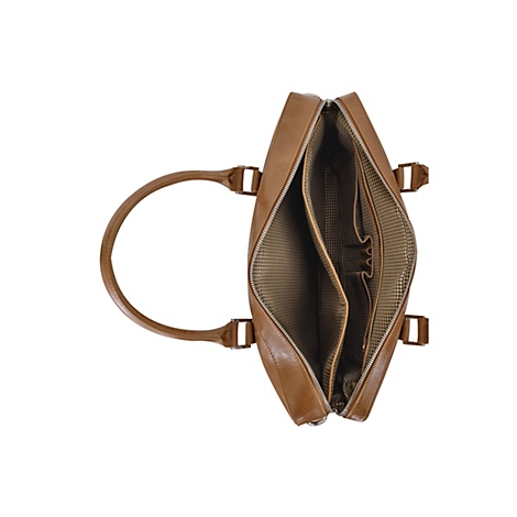 Offene, braune Ledertasche mit Henkeln und Reißverschluss. Innen braunes Karomuster.