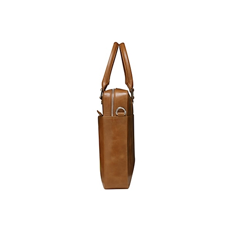 Eine braune Ledertasche, die im Profil vor einem weißen Hintergrund abgebildet ist. Sie hat zwei Henkel, einen Reißverschluss und eine seitliche Tasche.