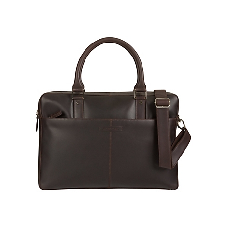 Braune Ledertasche mit Henkel und Schulterriemen, auf weißem Hintergrund.