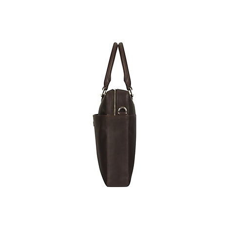 Dunkelbraune Ledertasche, seitlich betrachtet, mit Henkeln und Reißverschluss.