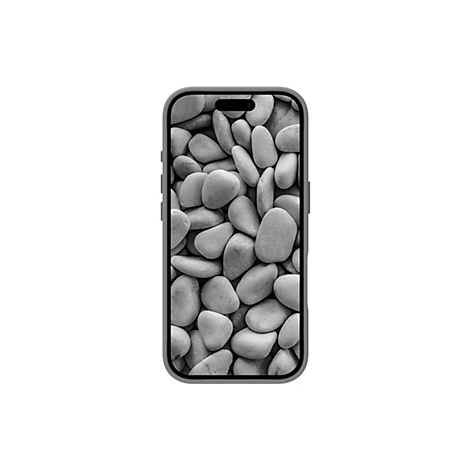 Graues Smartphone mit Steinmuster auf dem Display, vor weißem Hintergrund.