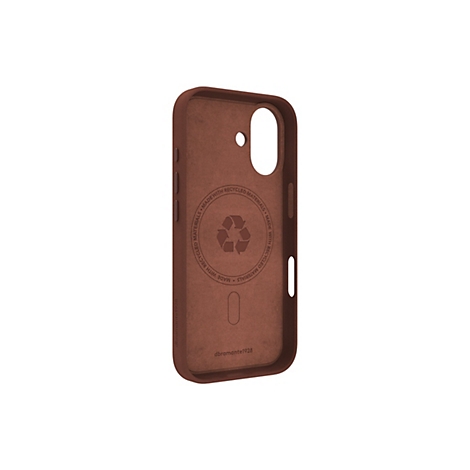 Braune Handyhülle mit dem Aufdruck "MADE WITH RECYCLED MATERIALS" und einem Recycling-Symbol. Der Markenname steht unten.