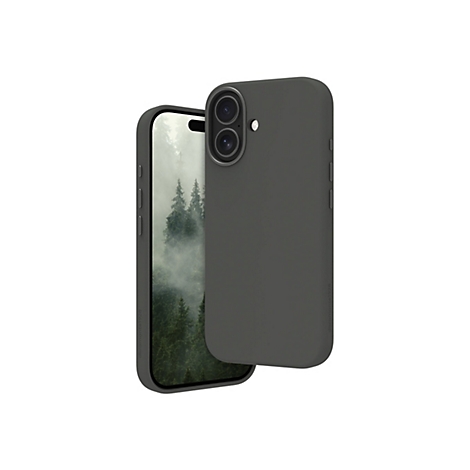 Ein graues Smartphone in einer dunklen Schutzhülle, vor weißem Hintergrund. Das Display zeigt eine Waldlandschaft.