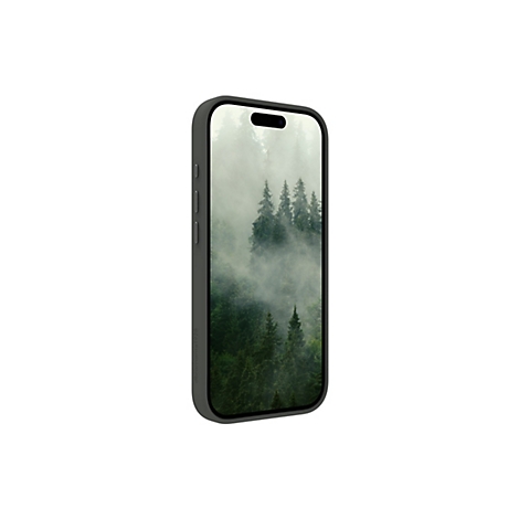 Ein graues Smartphone mit einer Schutzhülle, auf dem ein Wald im Nebel abgebildet ist.