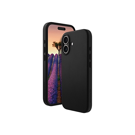 Ein schwarzes Smartphone mit einer schwarzen Hülle, im Hintergrund eine Lavendelfeld-Landschaft.