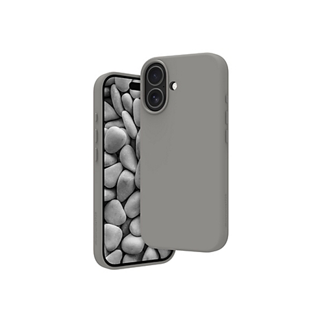 Graue Handyhülle, teilweise über einem Smartphone. Im Hintergrund Steine.