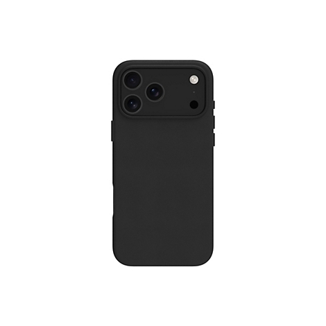 Ein schwarzes Smartphone mit schwarzer Handyhülle; auf weißem Hintergrund.
